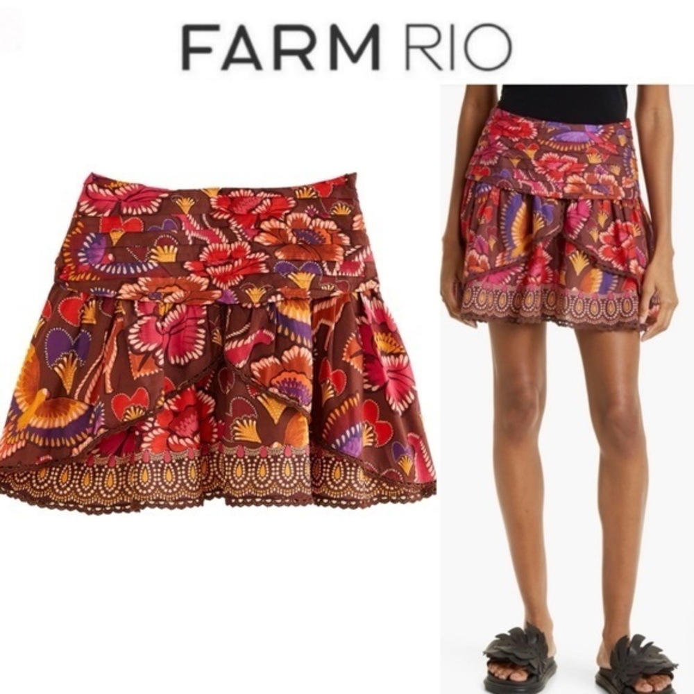 FARM RIO Bright Flora Brown Mini Skirt sz XS 135$